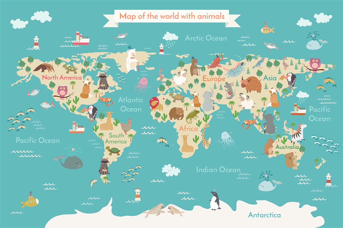 Fotobehang wereldkaart met verschillende gedetailleerde elementen