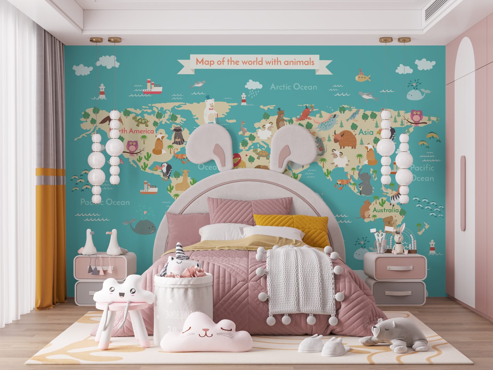 Fotobehang wereldkaart met verschillende gedetailleerde elementen