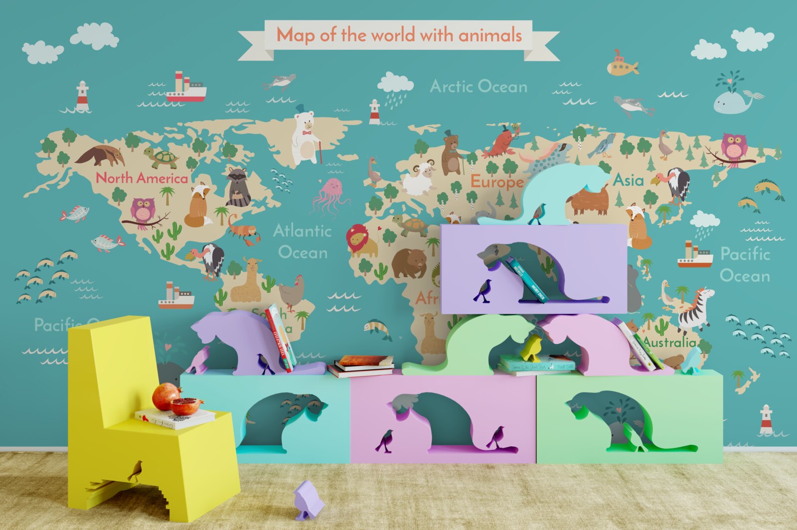 Fotobehang wereldkaart met verschillende gedetailleerde elementen