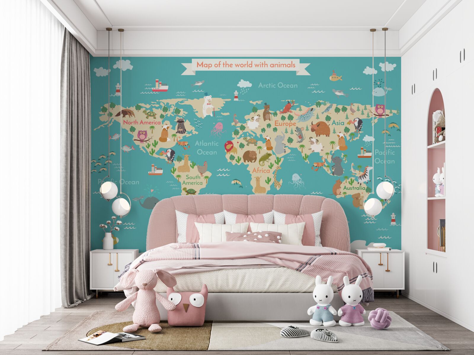 Fotobehang wereldkaart met verschillende gedetailleerde elementen