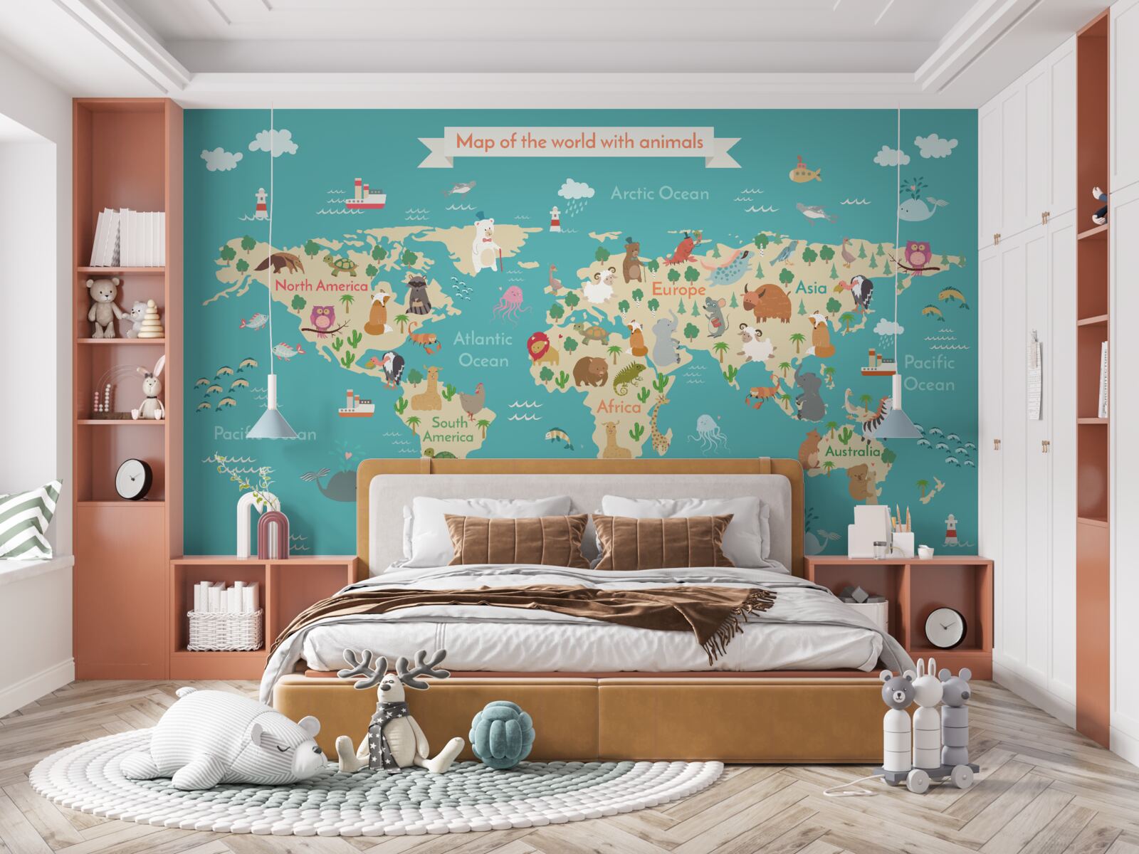 Fotobehang wereldkaart met verschillende gedetailleerde elementen