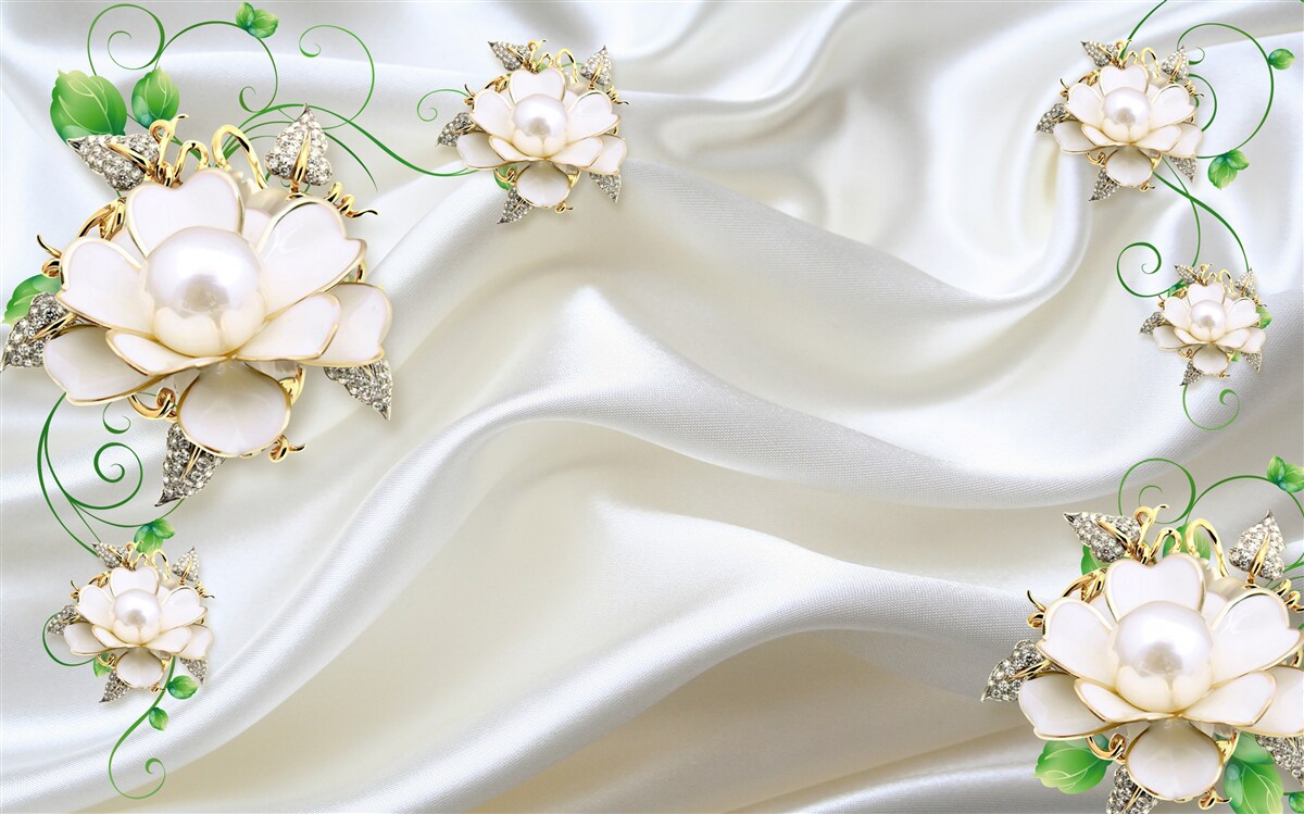 Fotobehang witte bloemen op een achtergrond van satijnwit