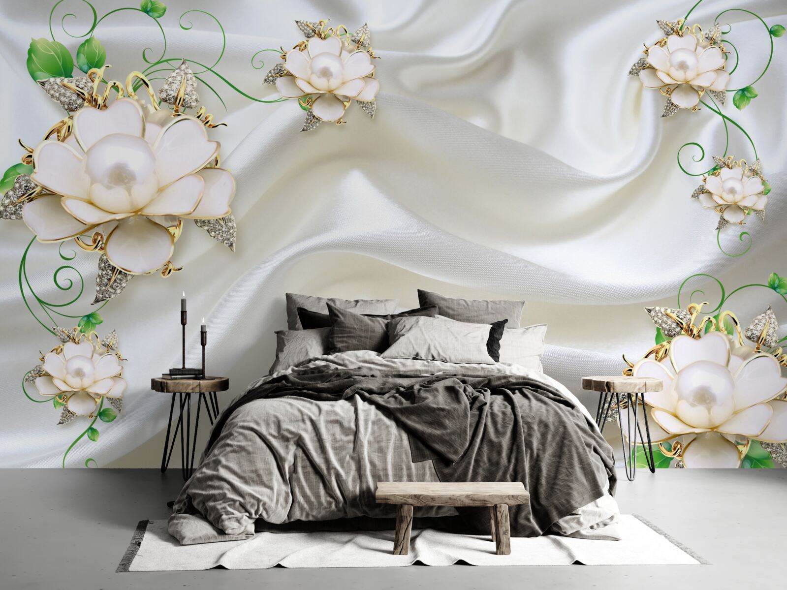 Fotobehang witte bloemen op een achtergrond van satijnwit