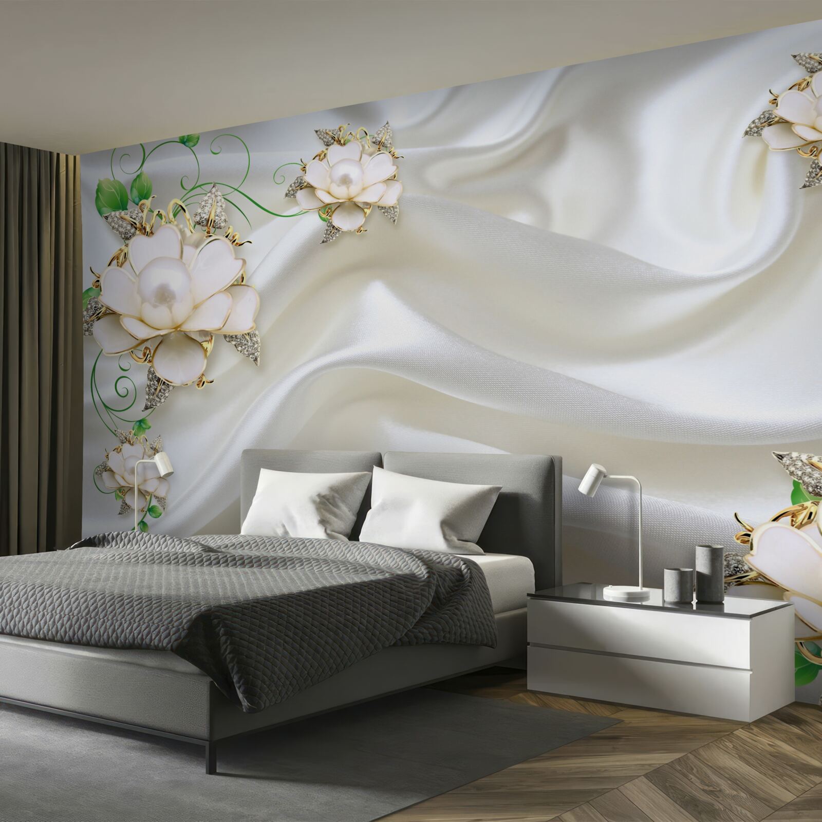 Fotobehang witte bloemen op een achtergrond van satijnwit