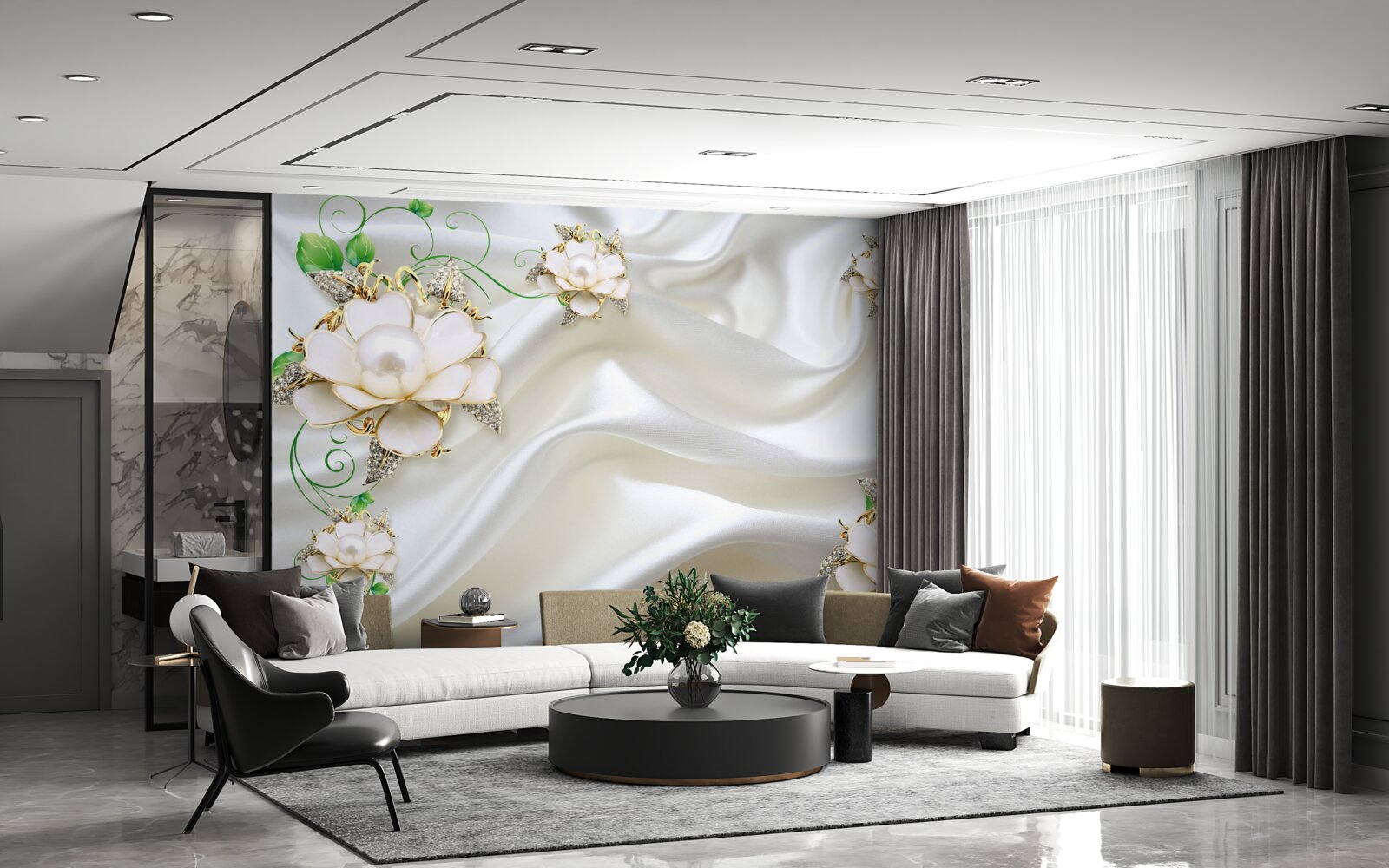 Fotobehang witte bloemen op een achtergrond van satijnwit