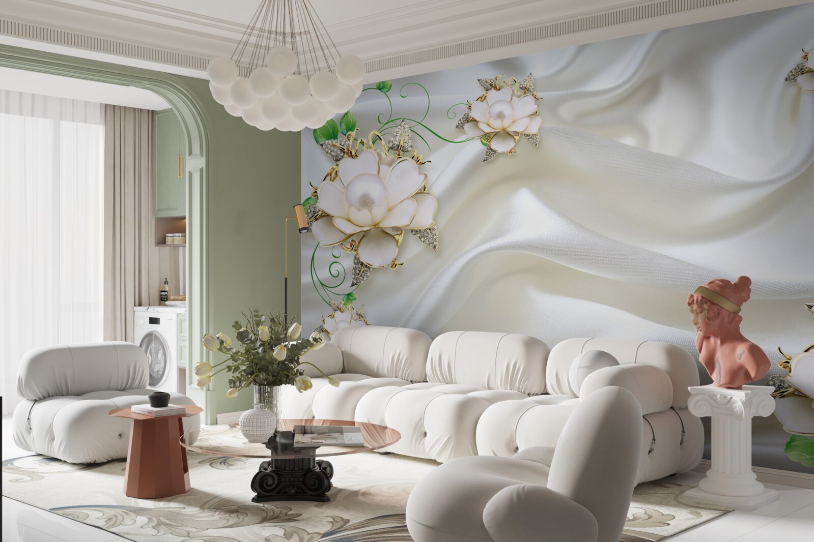 Fotobehang witte bloemen op een achtergrond van satijnwit