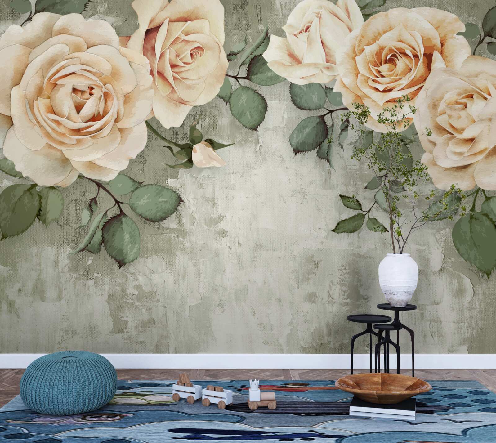 Fotobehang crèmekleurige rozen met grote groene bladeren