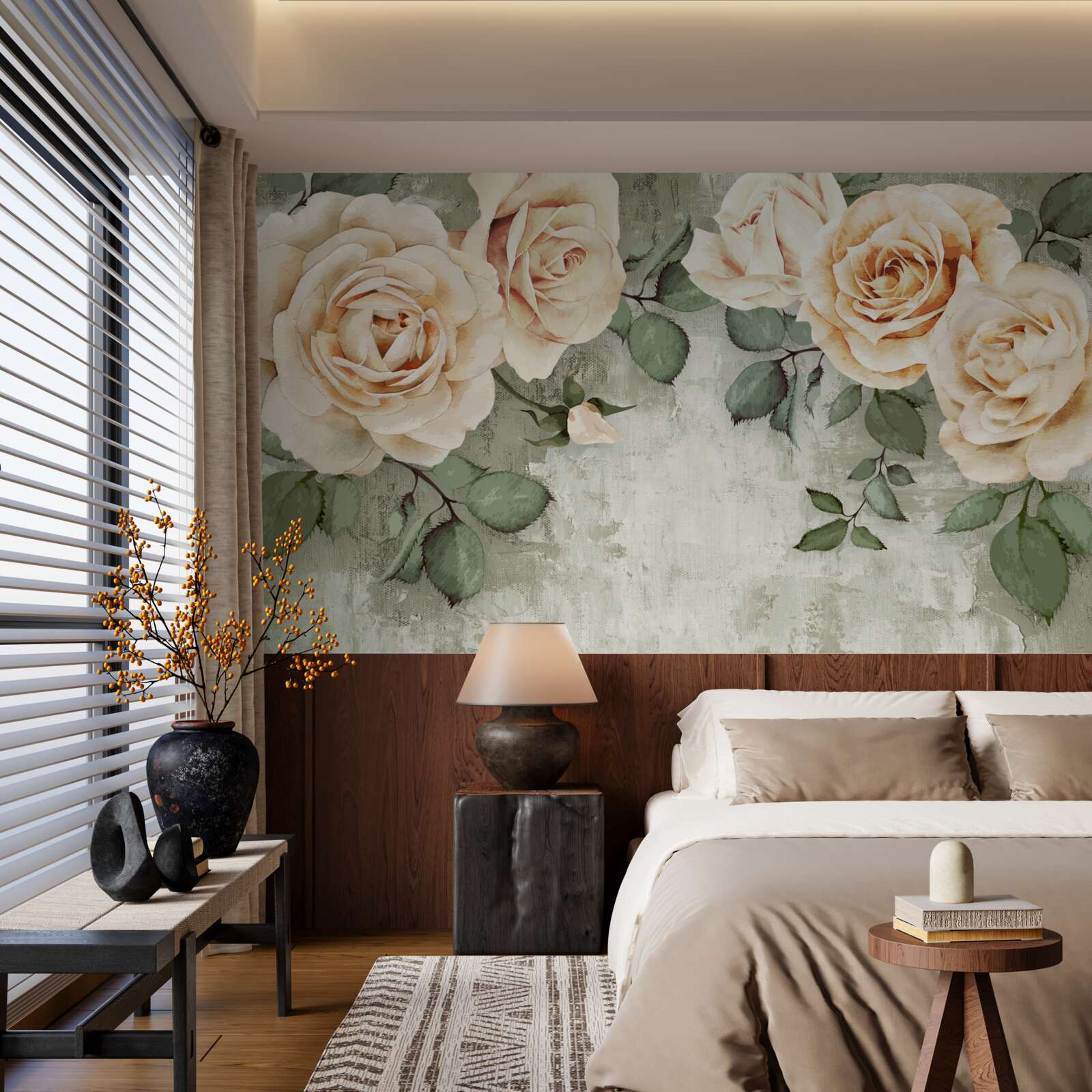 Fotobehang crèmekleurige rozen met grote groene bladeren