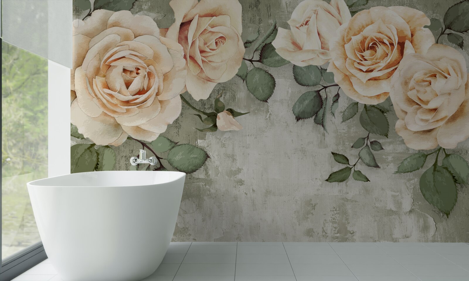 Fotobehang crèmekleurige rozen met grote groene bladeren