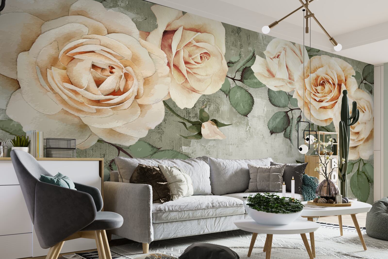 Fotobehang crèmekleurige rozen met grote groene bladeren