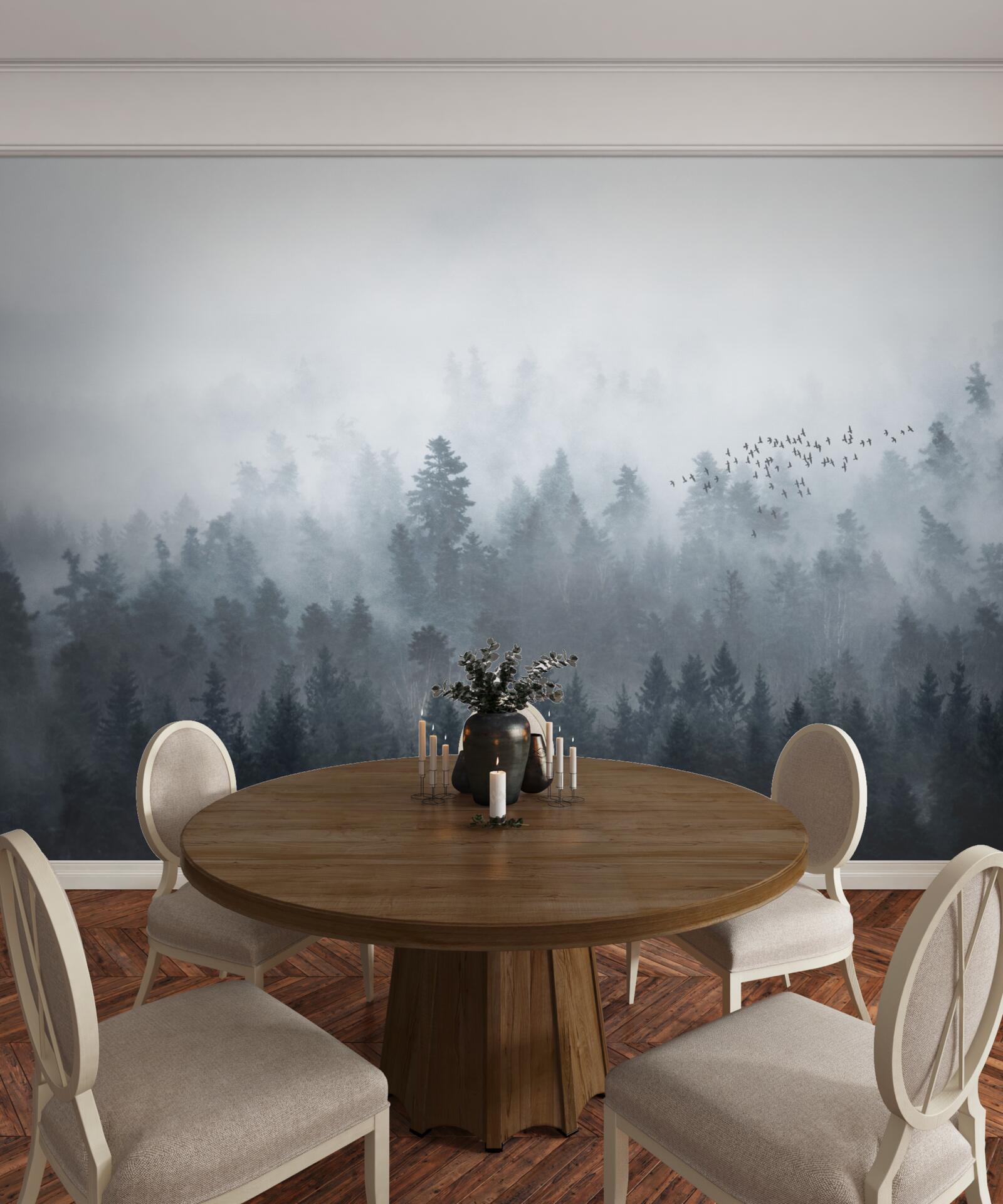 Fotobehang bos gehuld in mist