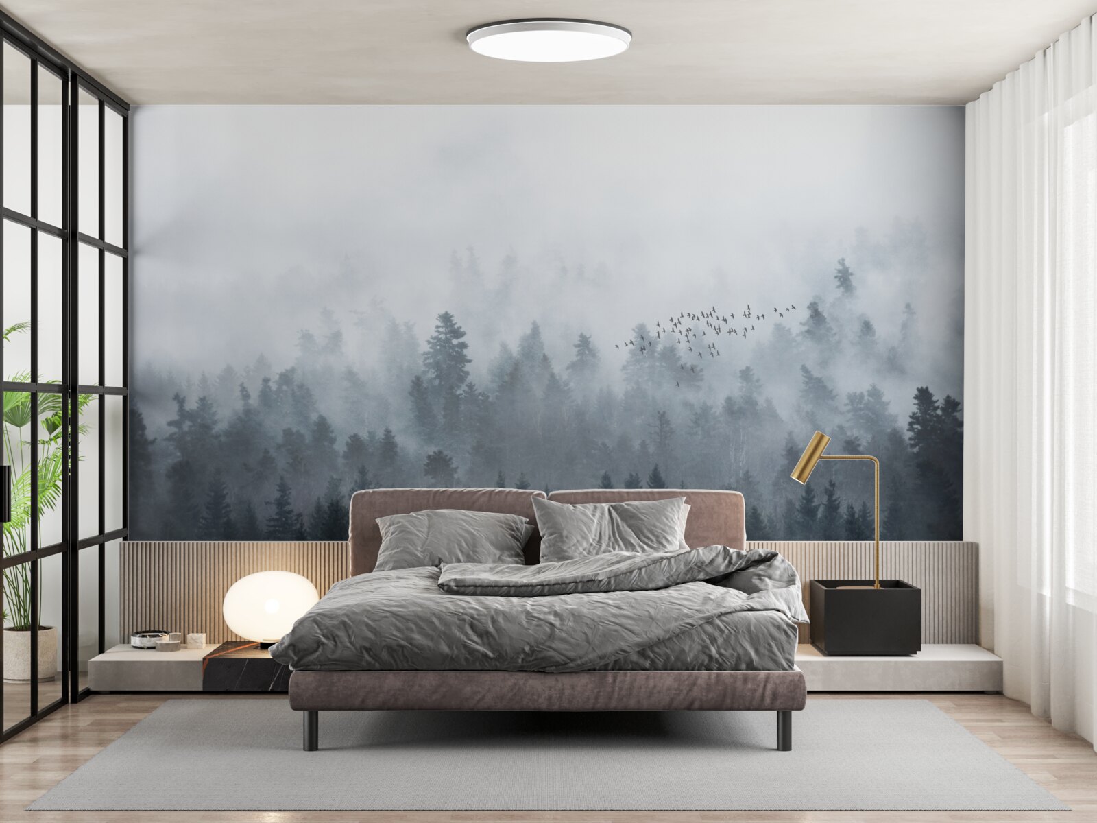 Fotobehang bos gehuld in mist