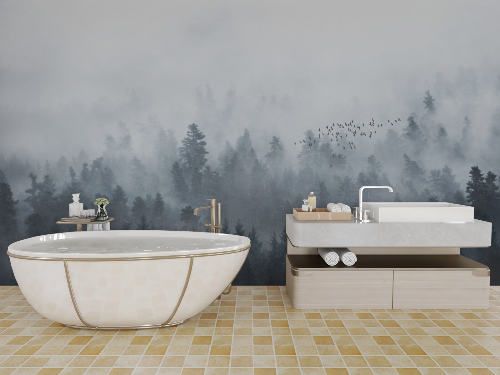 Fotobehang bos gehuld in mist