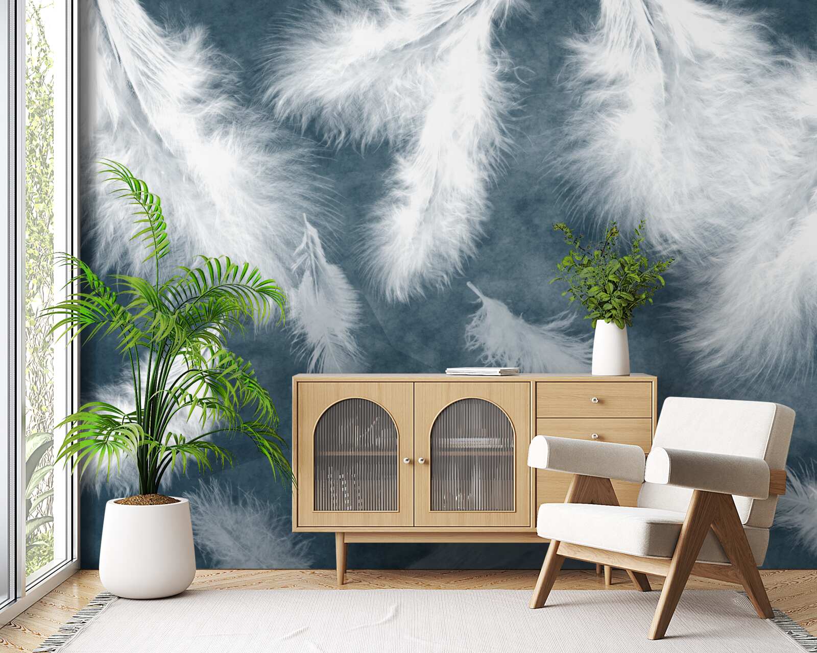 Fotobehang zwevende sneeuwwitte veren