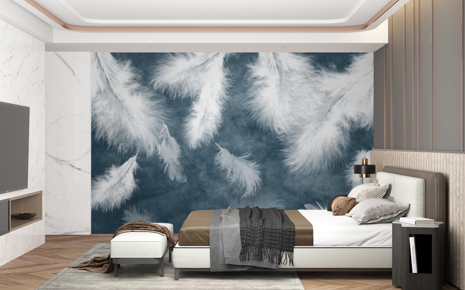 Fotobehang zwevende sneeuwwitte veren