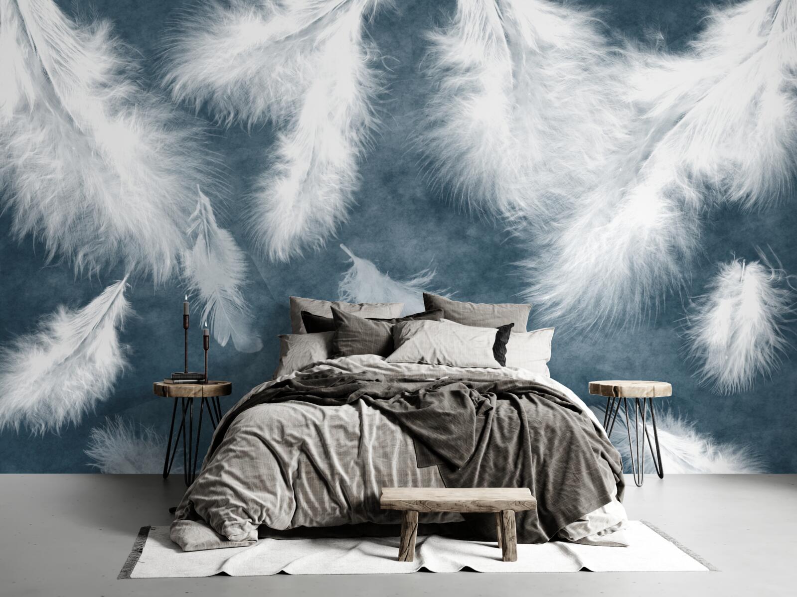 Fotobehang zwevende sneeuwwitte veren