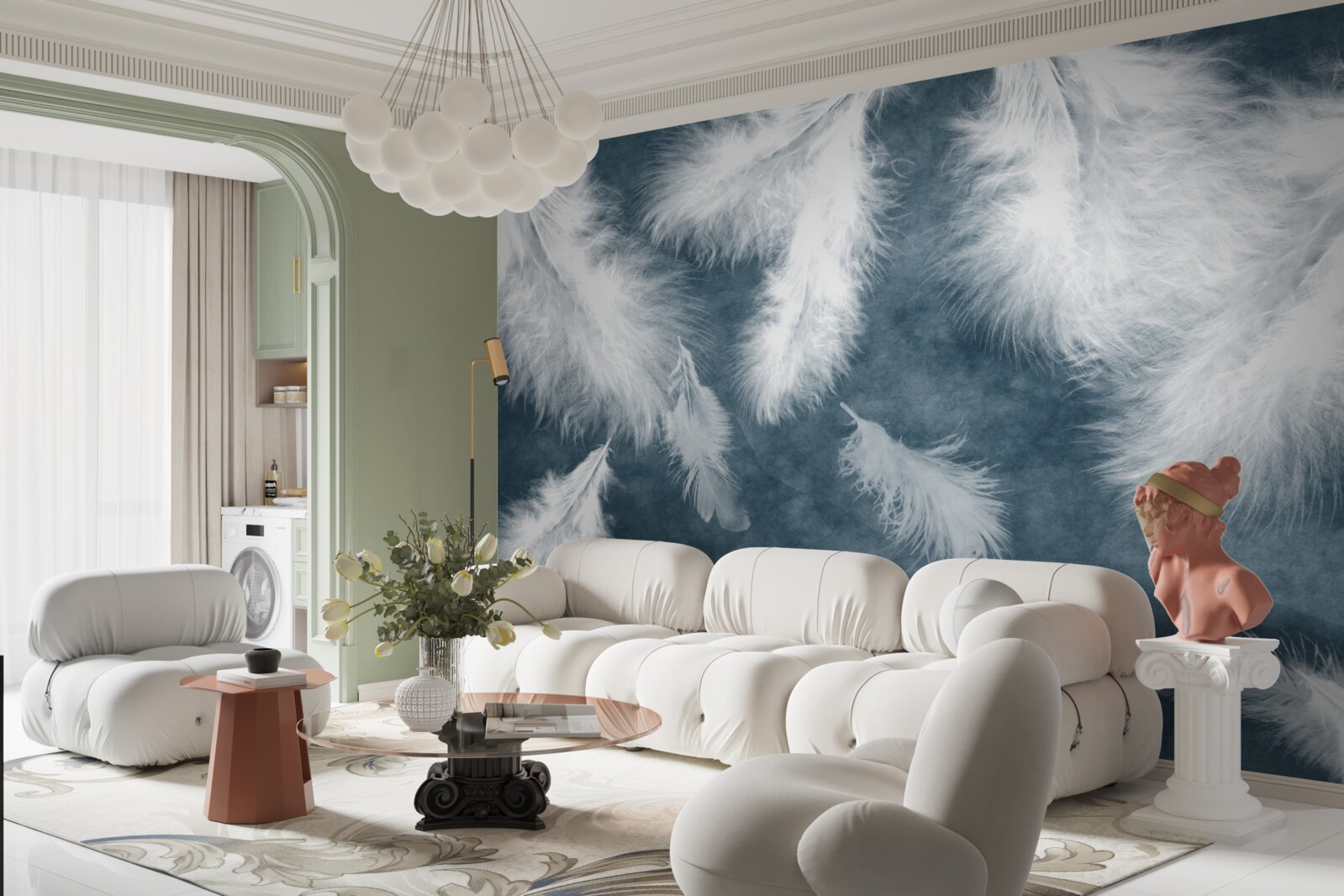 Fotobehang zwevende sneeuwwitte veren