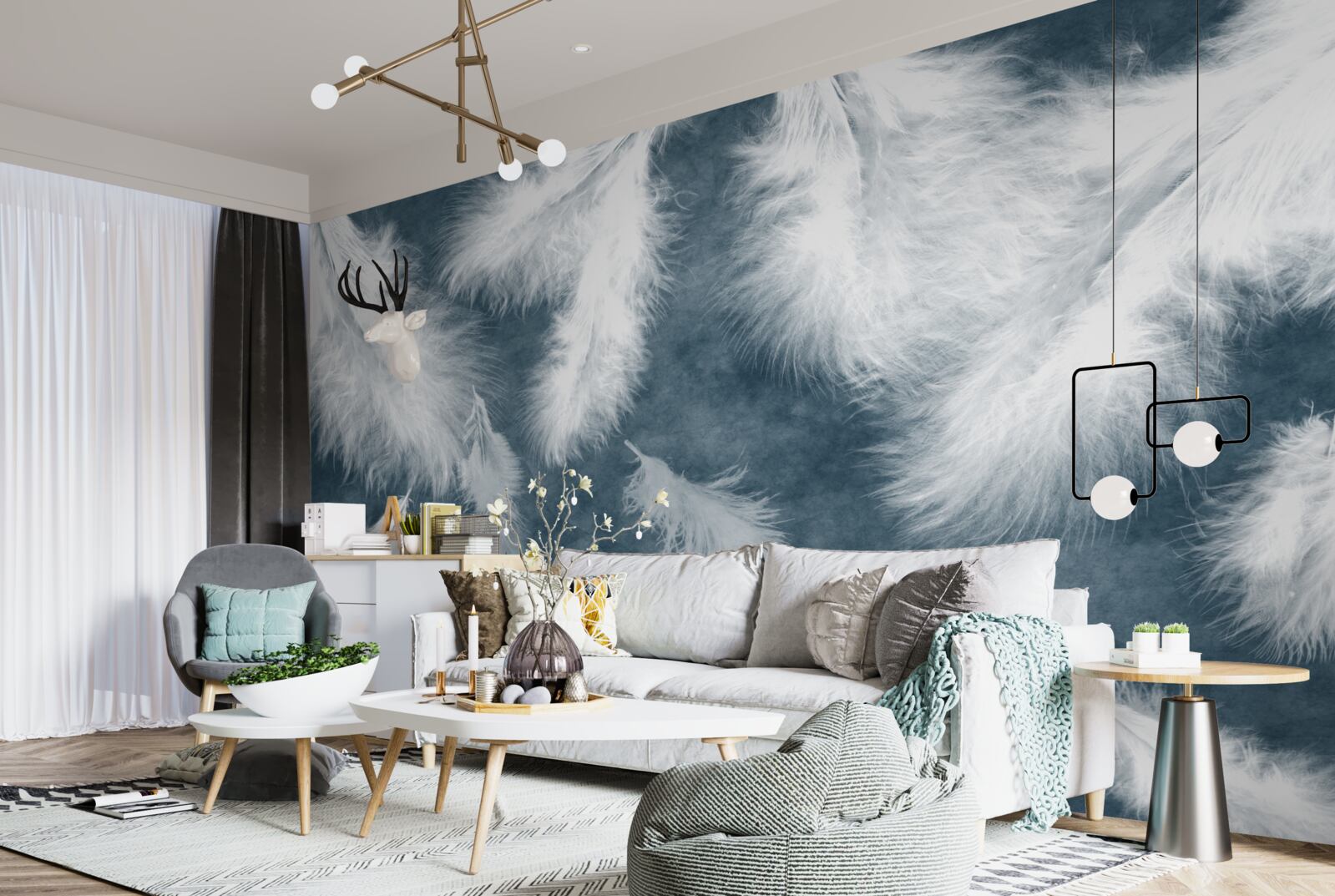 Fotobehang zwevende sneeuwwitte veren