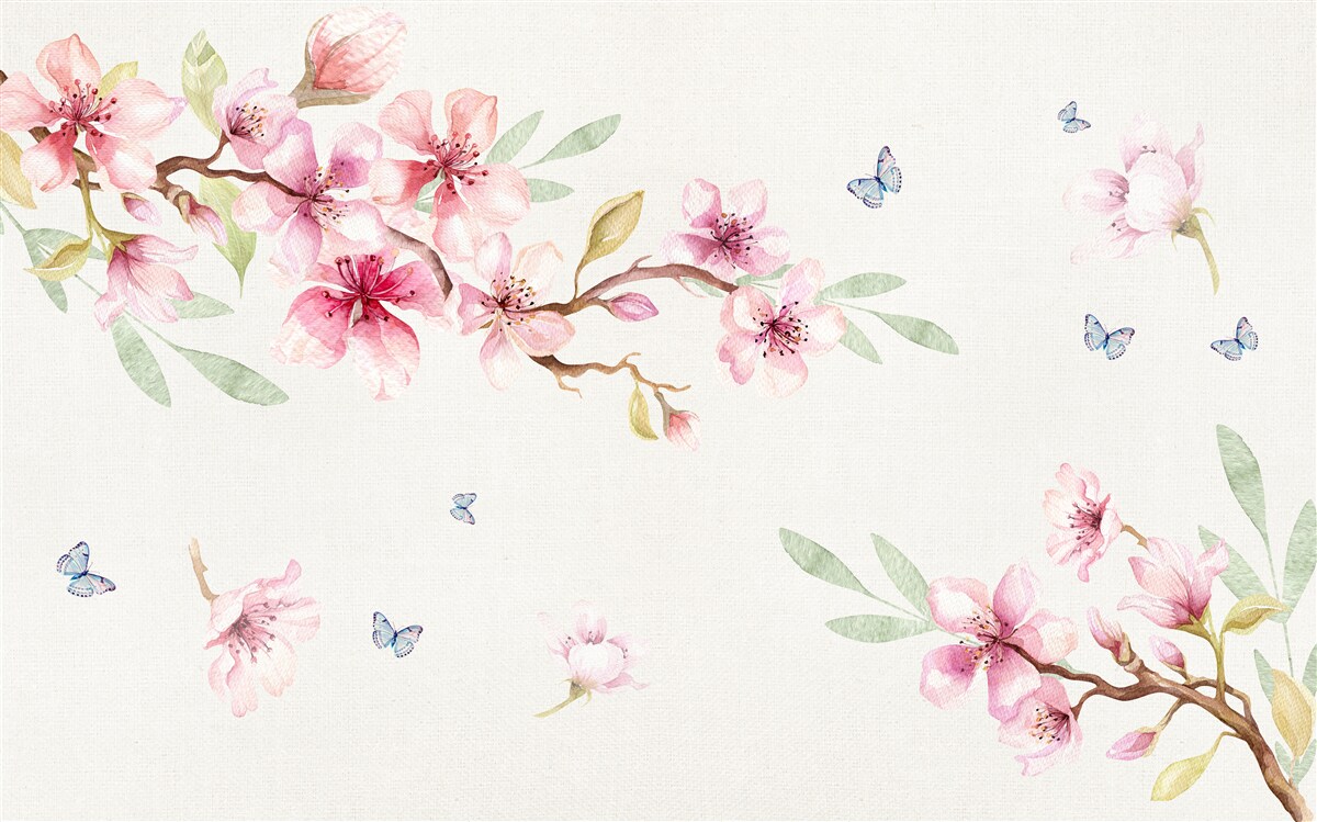 Fotobehang vlinders vliegen rond takken met bloemen