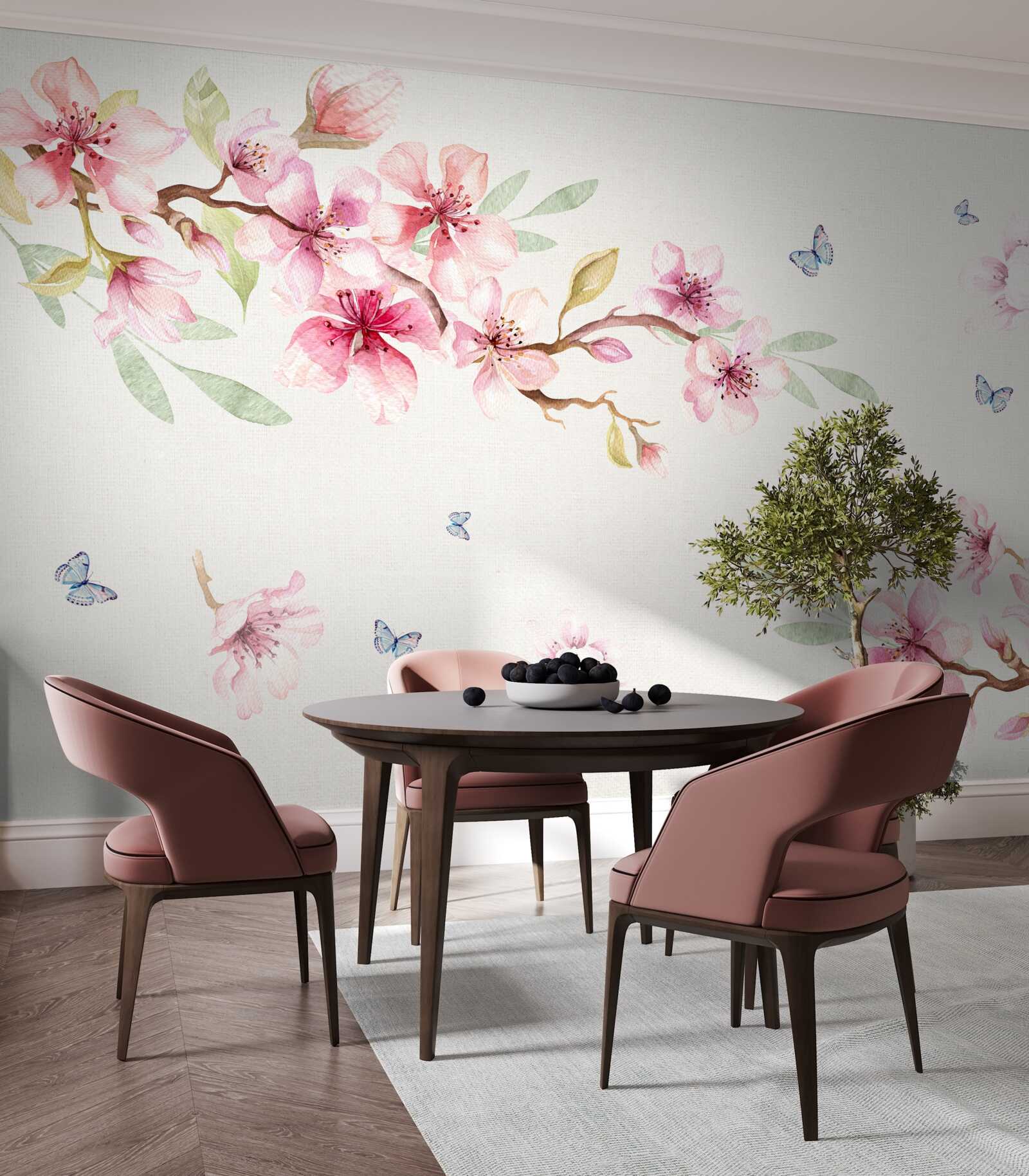 Fotobehang vlinders vliegen rond takken met bloemen