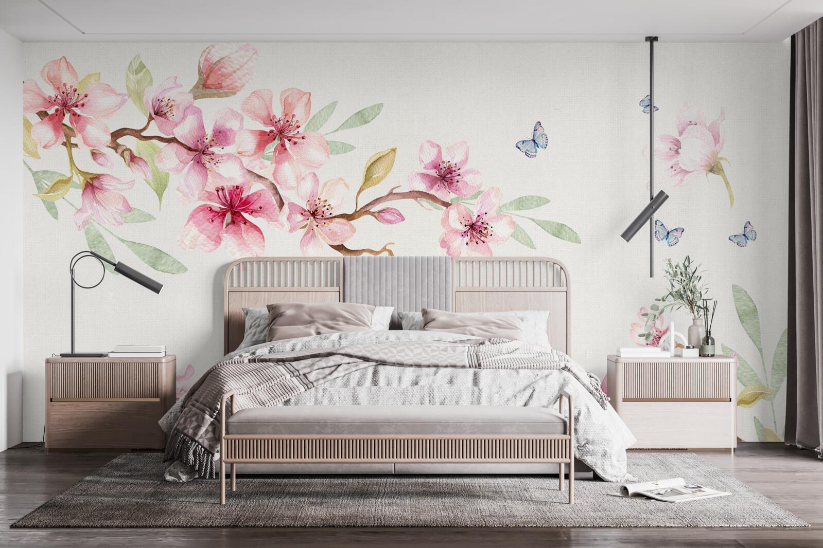 Fotobehang vlinders vliegen rond takken met bloemen