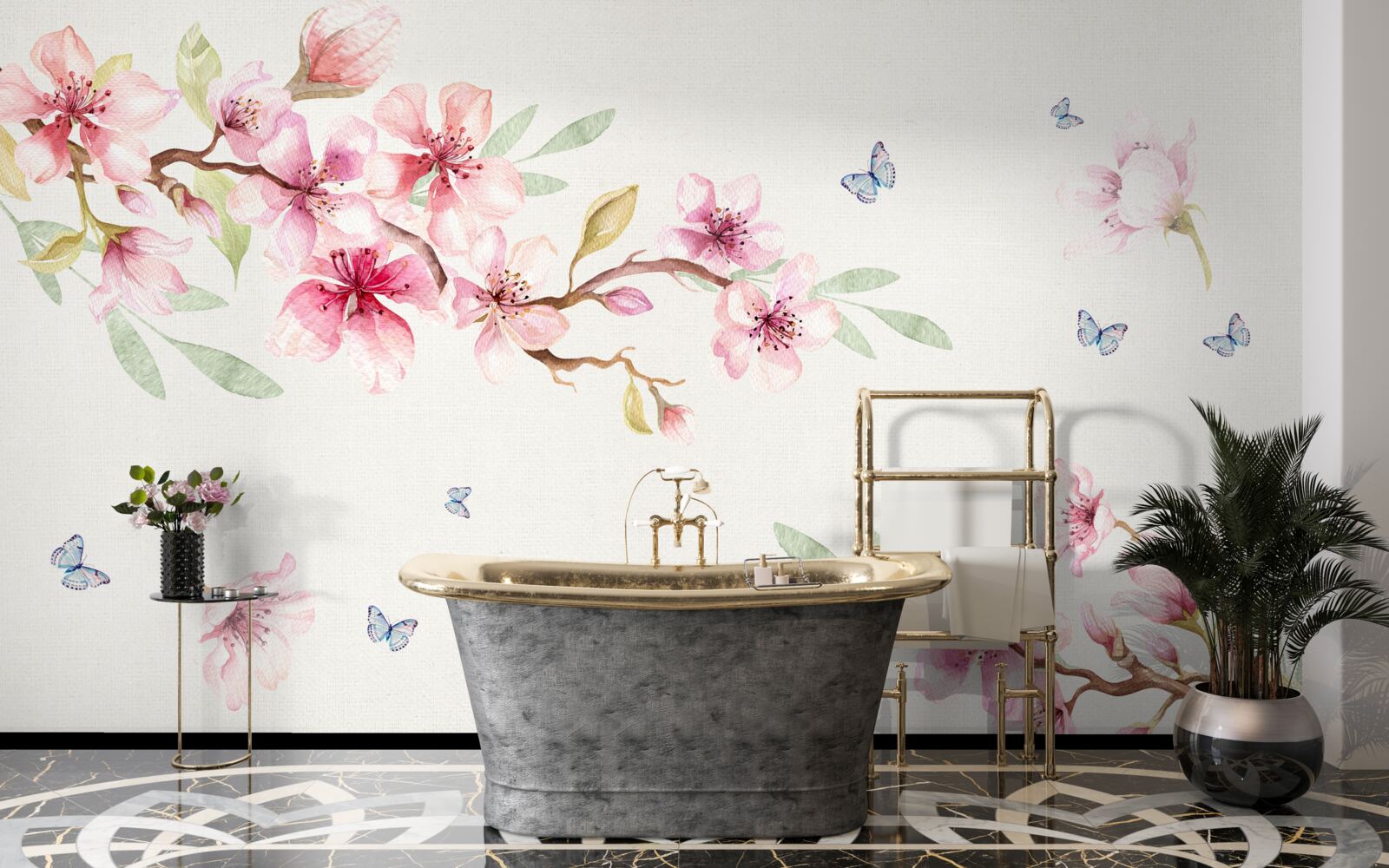 Fotobehang vlinders vliegen rond takken met bloemen