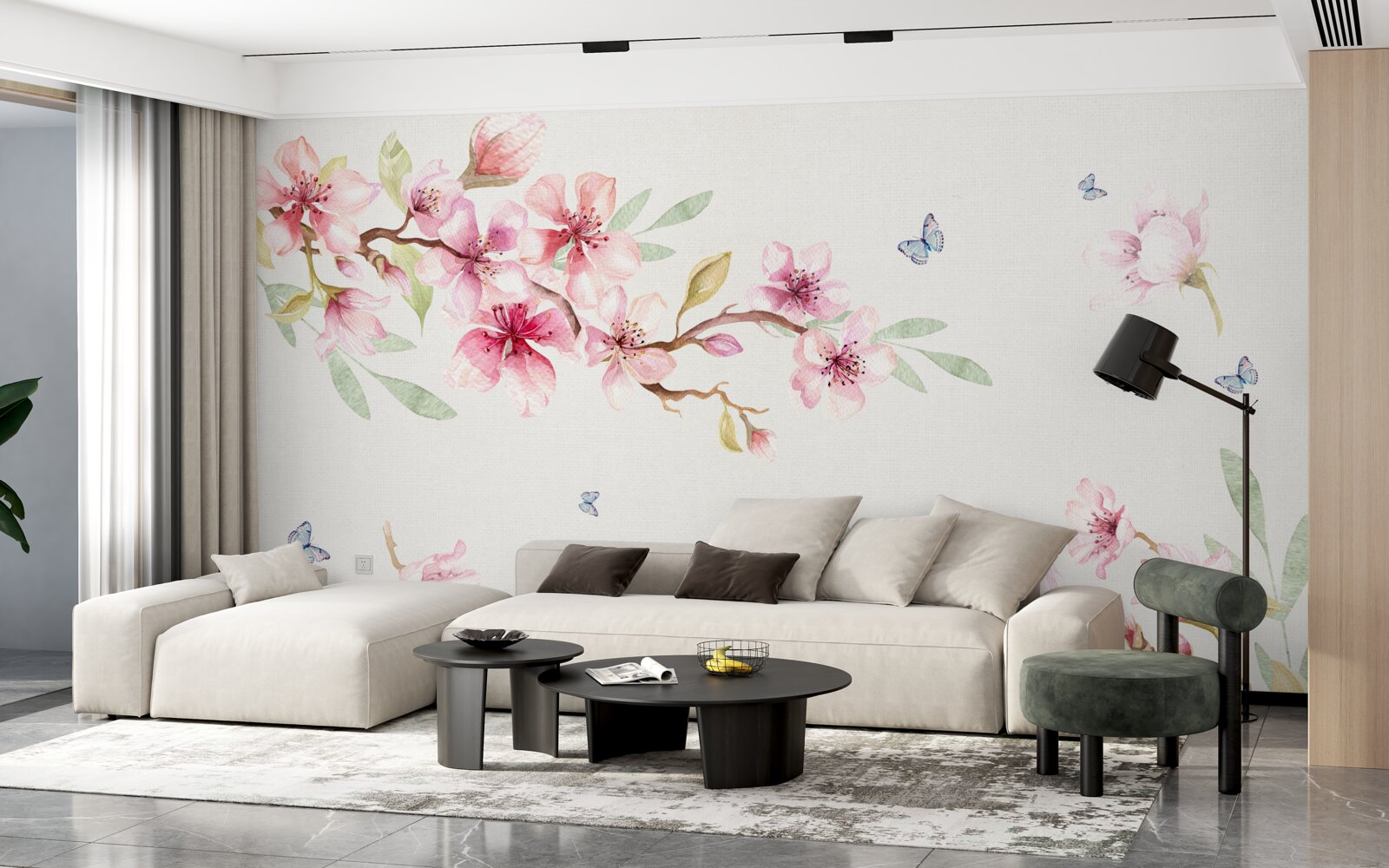 Fotobehang vlinders vliegen rond takken met bloemen