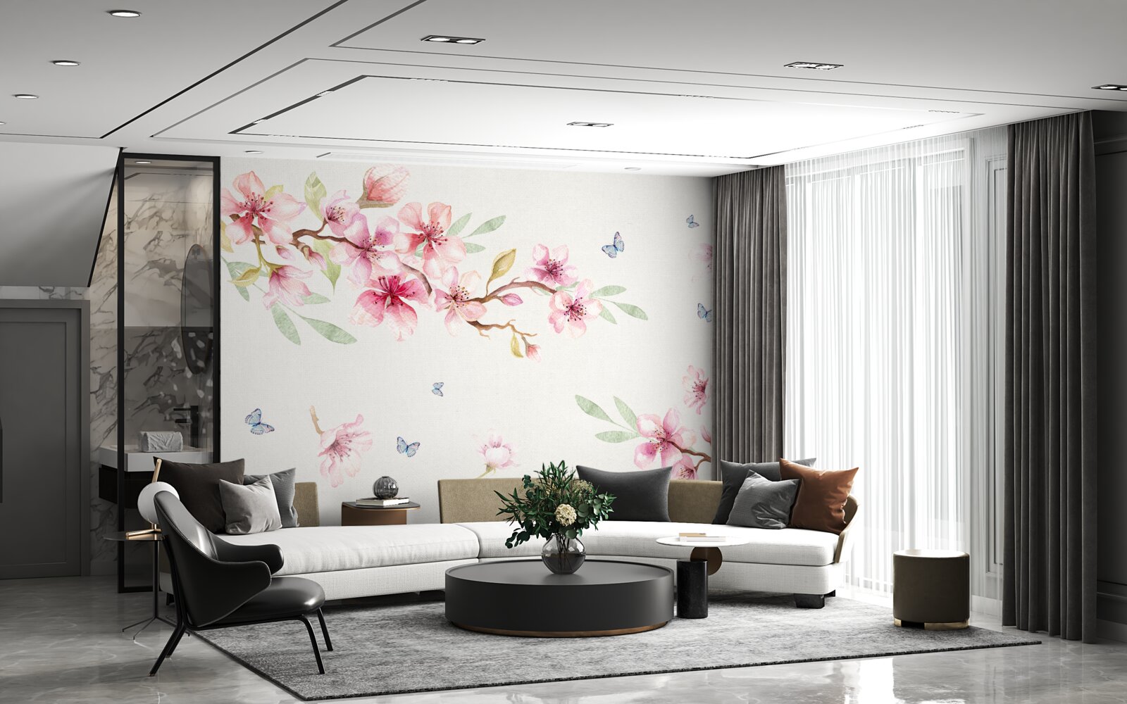 Fotobehang vlinders vliegen rond takken met bloemen