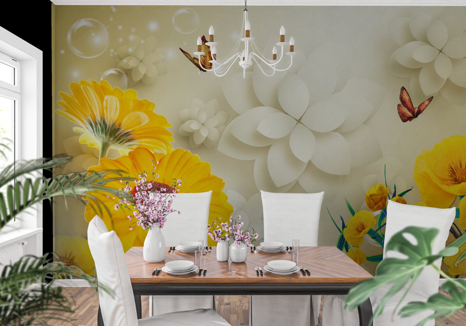 Fotobehang vlinders vliegen over oranje bloemen