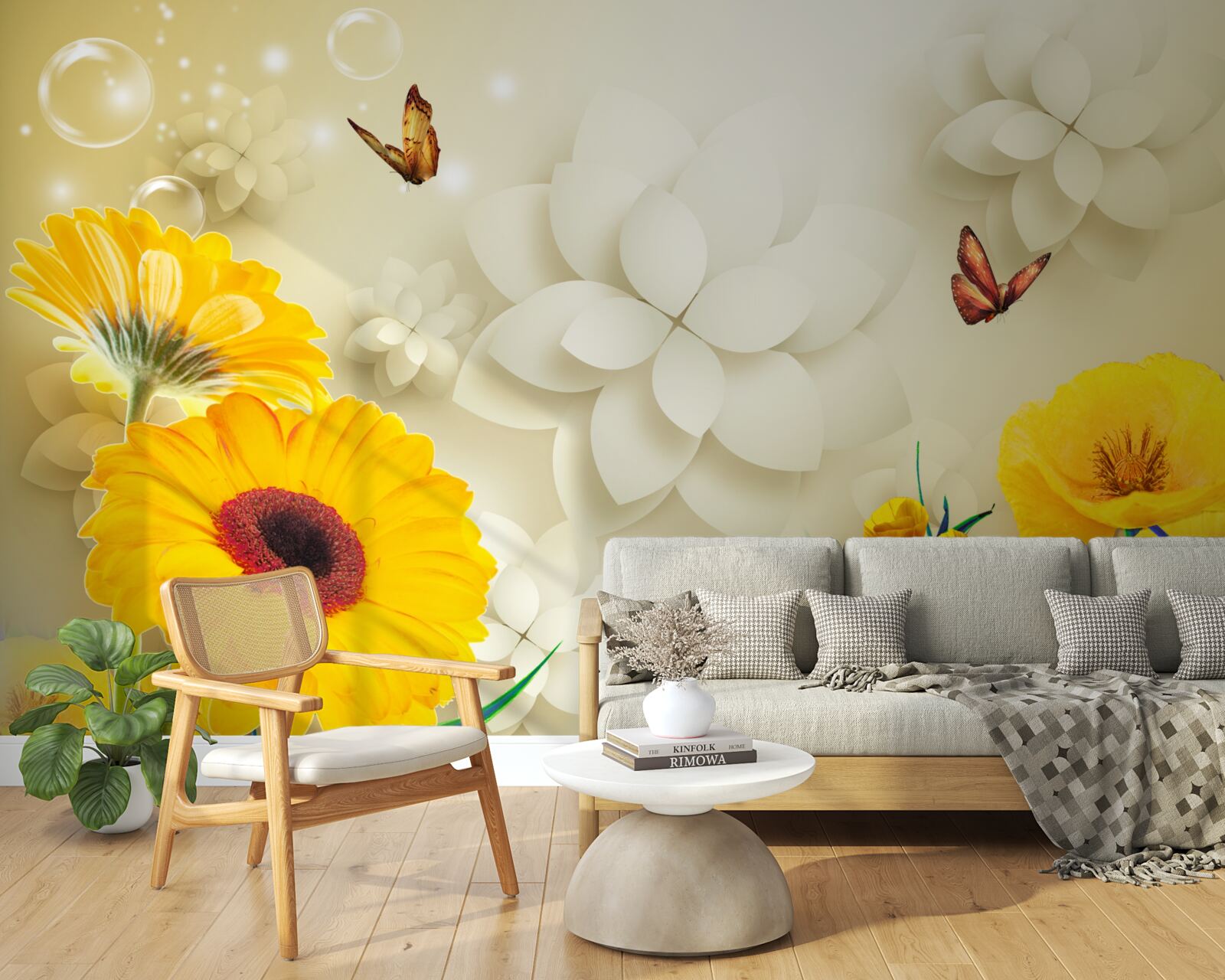 Fotobehang vlinders vliegen over oranje bloemen