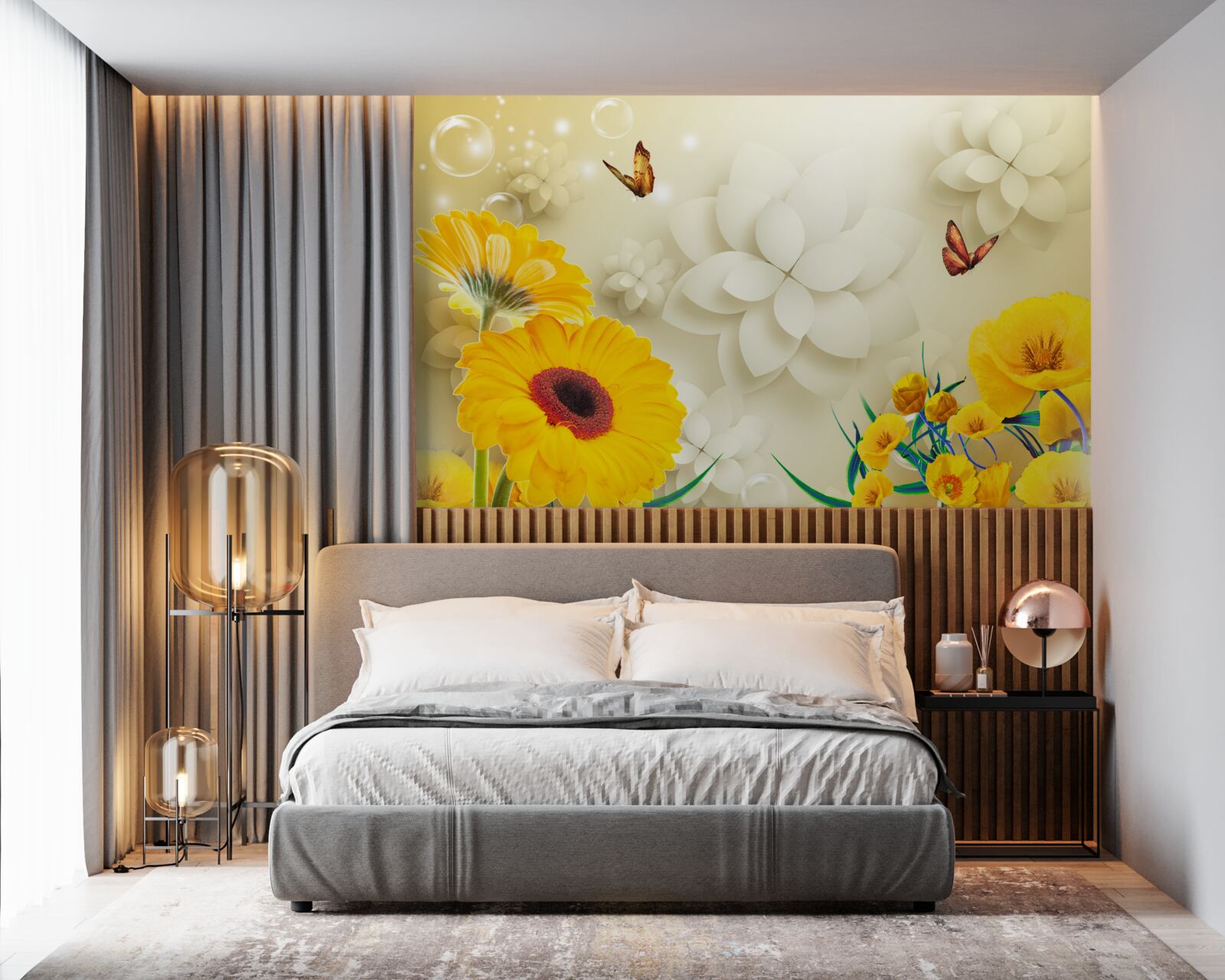 Fotobehang vlinders vliegen over oranje bloemen