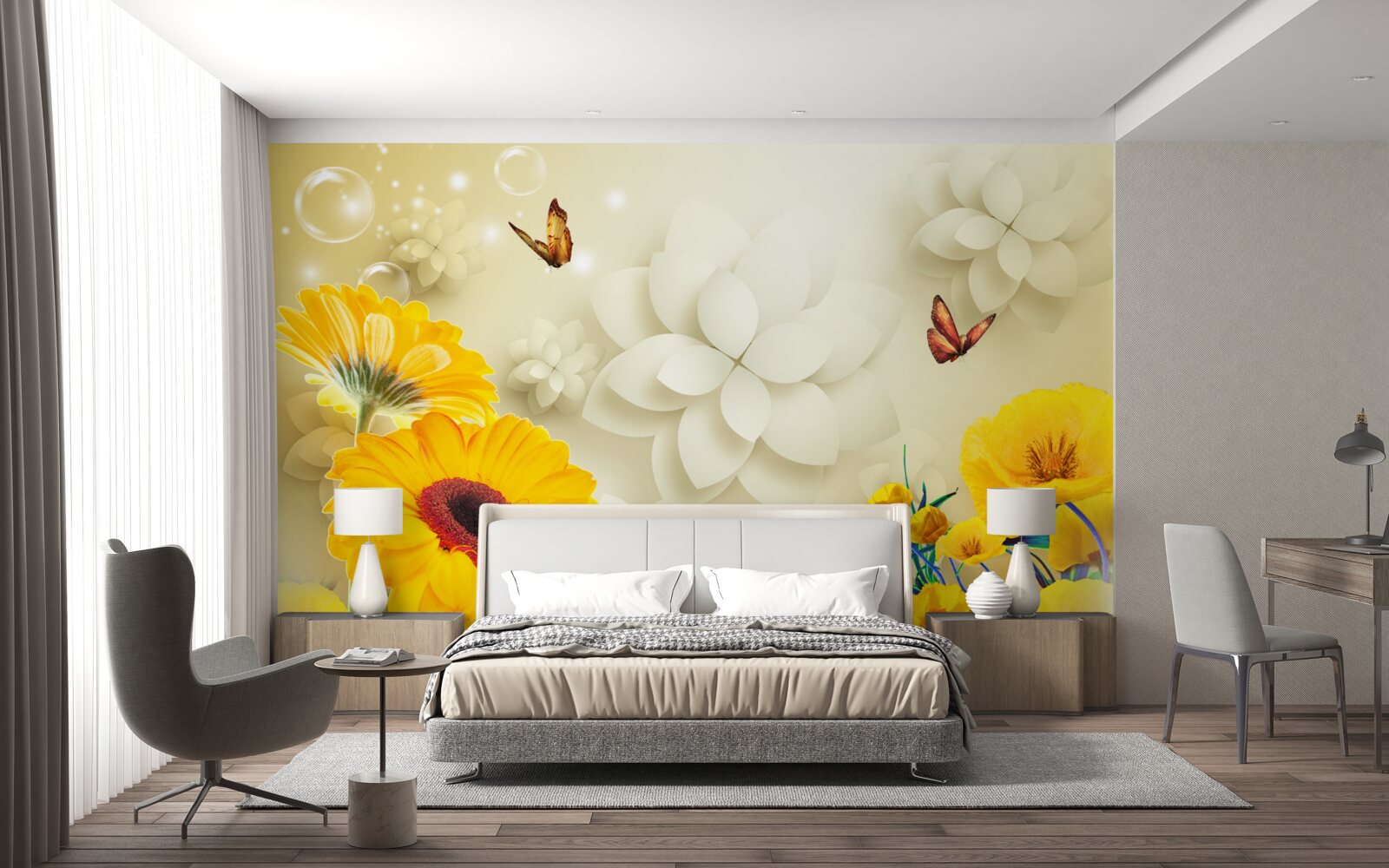 Fotobehang vlinders vliegen over oranje bloemen