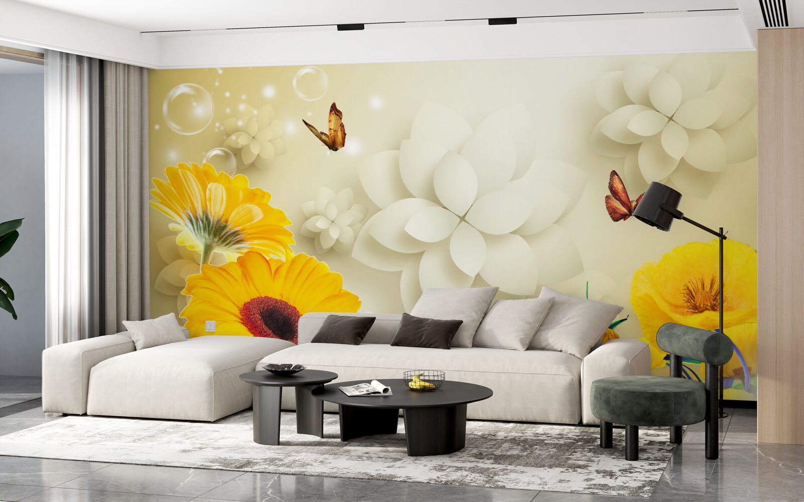 Fotobehang vlinders vliegen over oranje bloemen