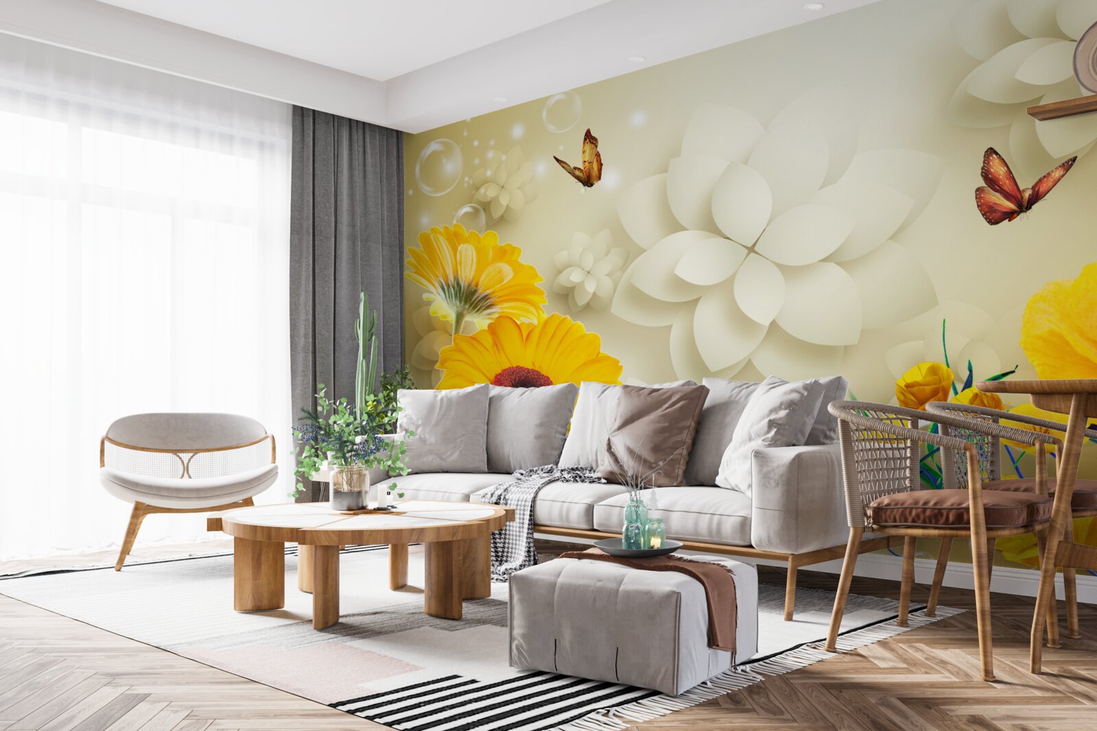 Fotobehang vlinders vliegen over oranje bloemen