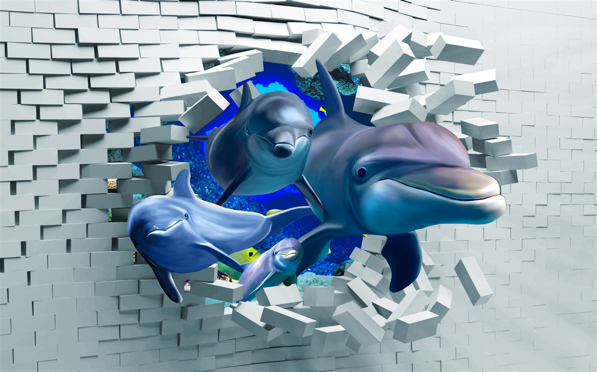 Fotobehang dolfijnen breken door de stenen barrière