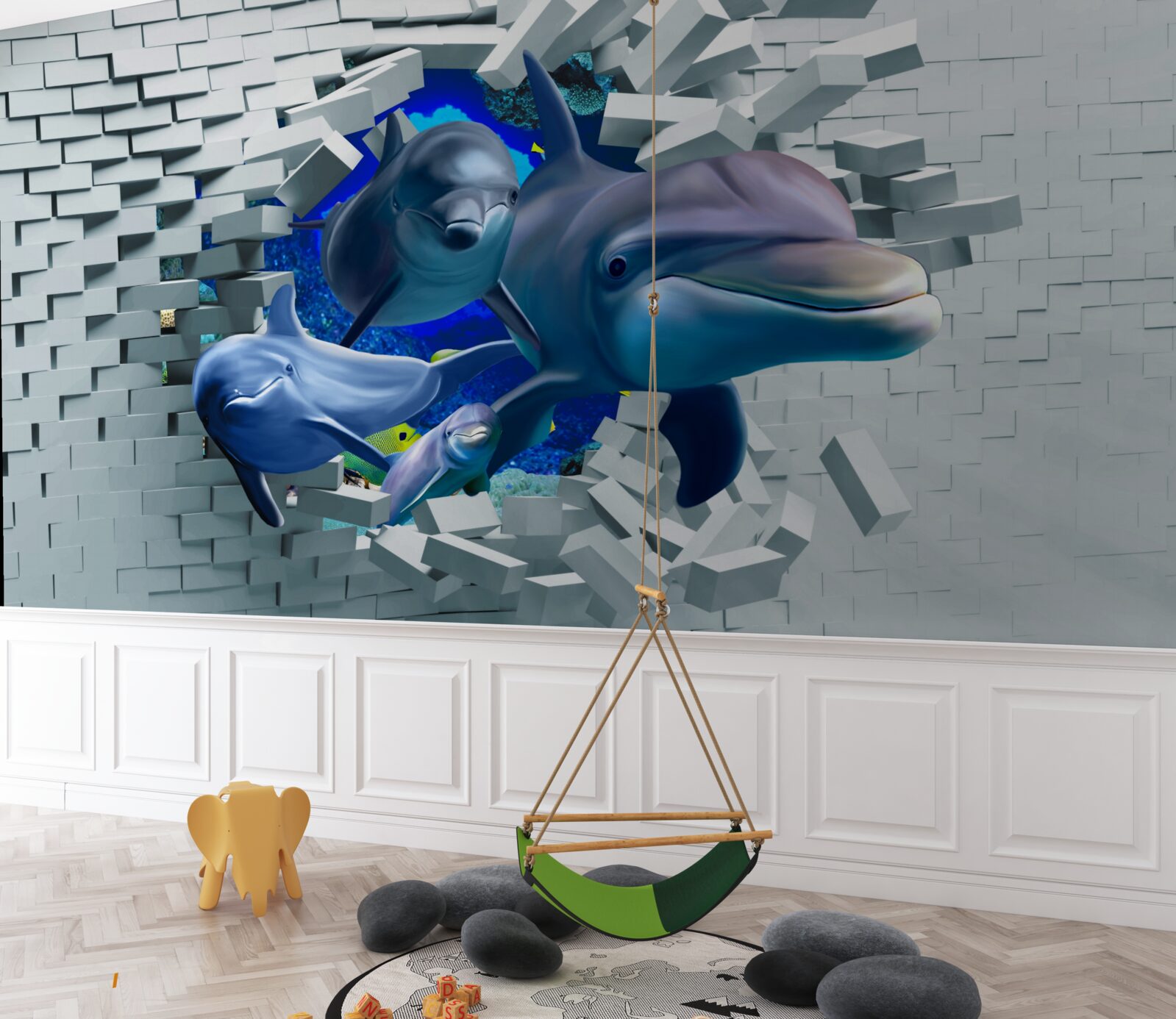 Fotobehang dolfijnen breken door de stenen barrière