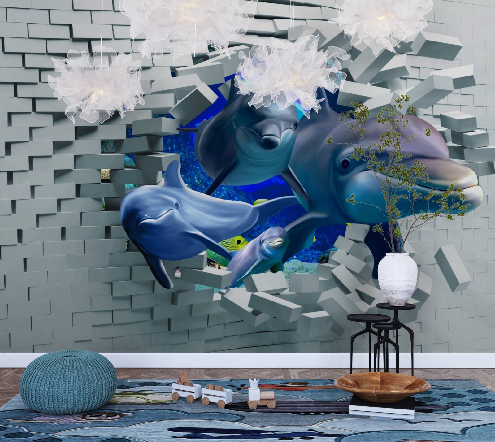 Fotobehang dolfijnen breken door de stenen barrière