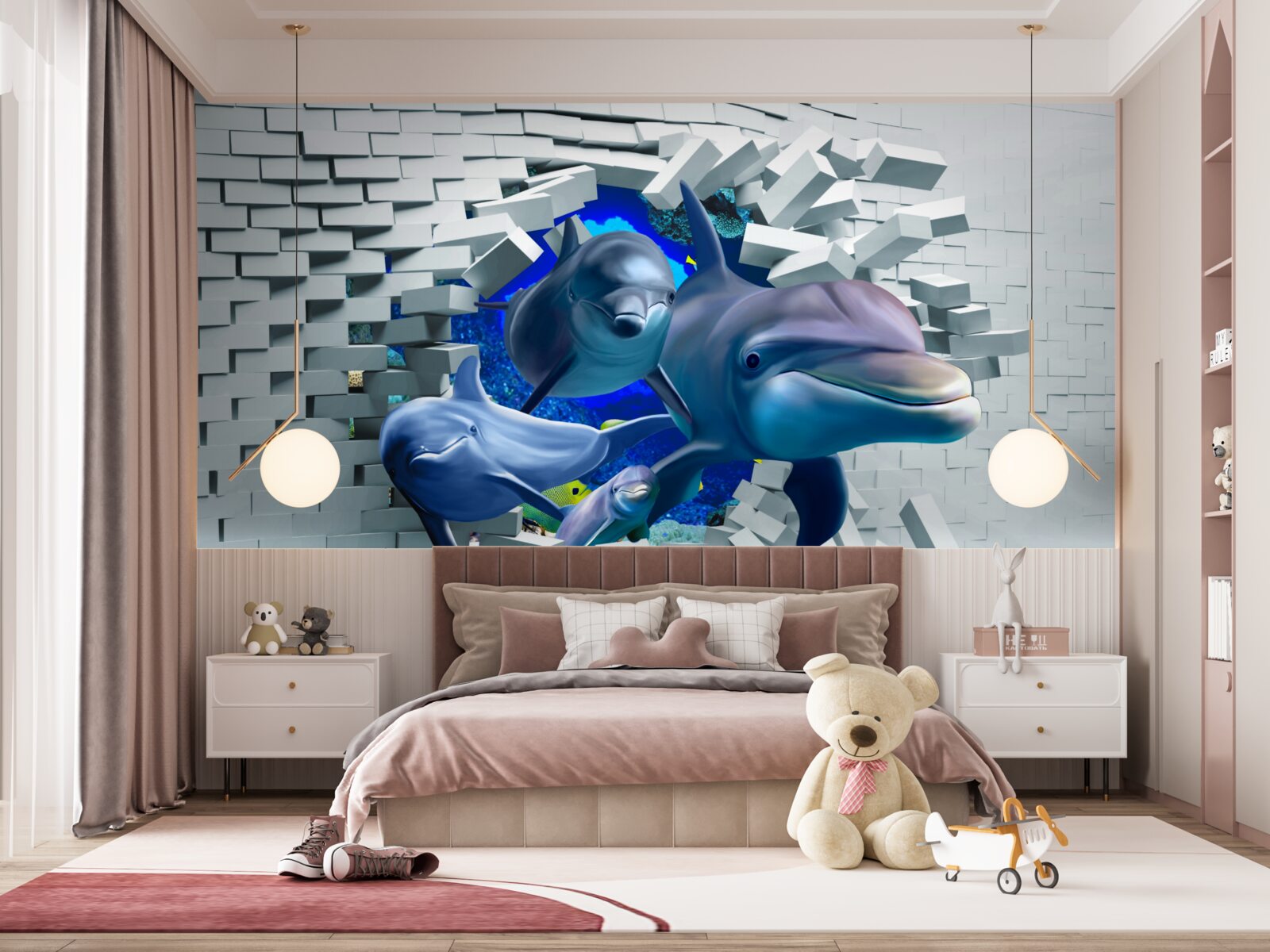 Fotobehang dolfijnen breken door de stenen barrière