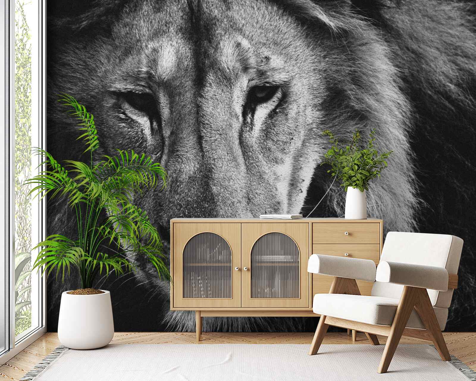 Fotobehang portret van een volwassen leeuw in zwart-wit