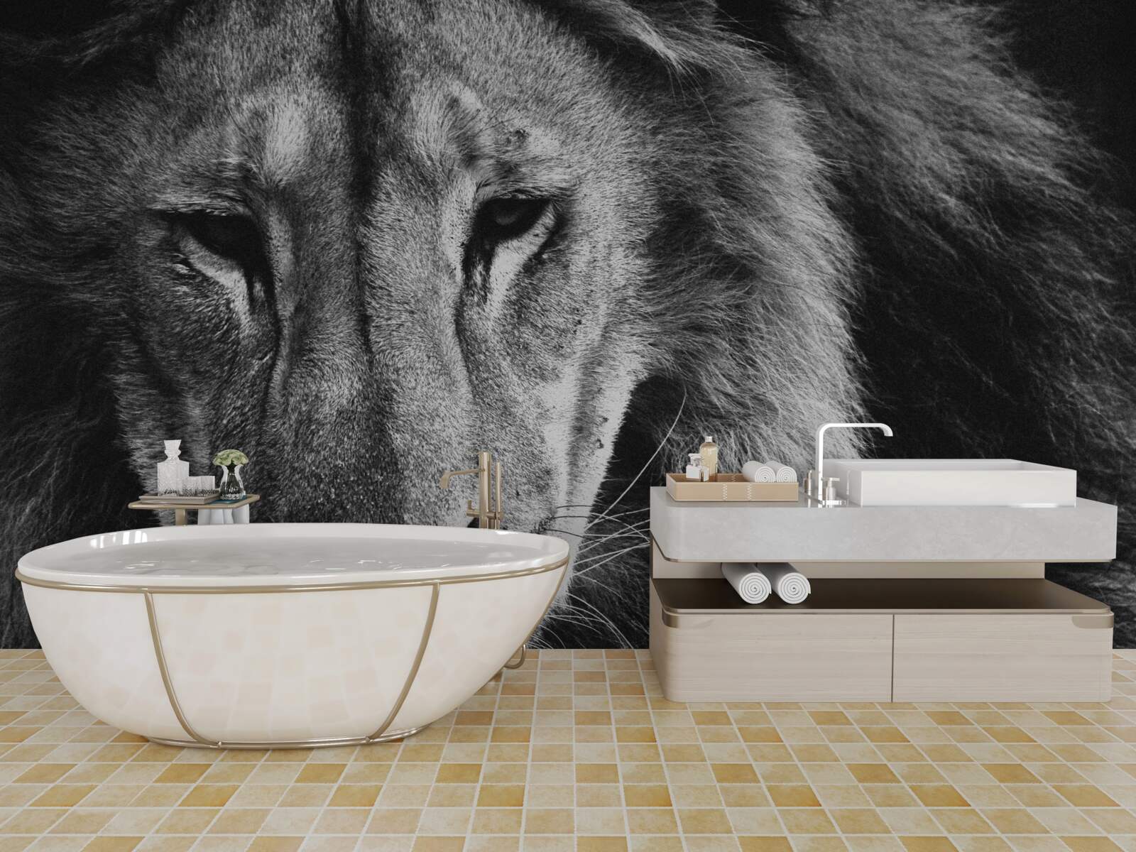 Fotobehang portret van een volwassen leeuw in zwart-wit