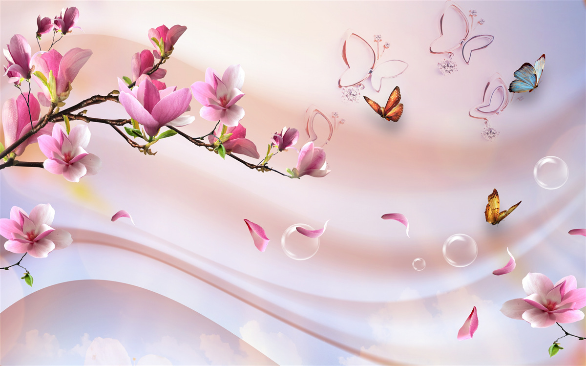 Fotobehang tak met roze bloemen en fladderende vlinders