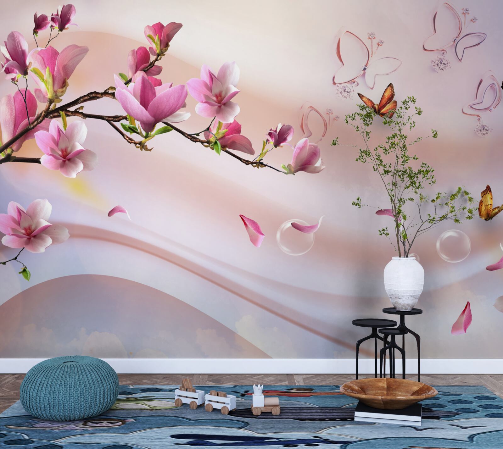 Fotobehang tak met roze bloemen en fladderende vlinders