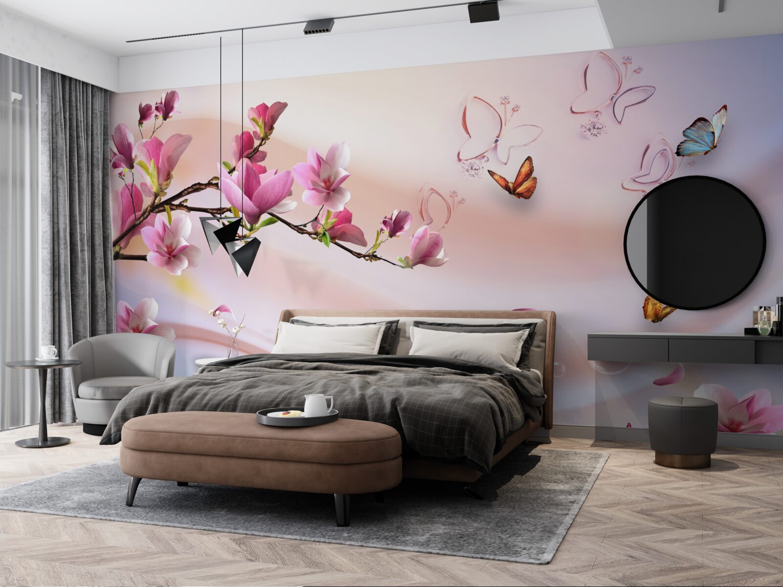 Fotobehang tak met roze bloemen en fladderende vlinders