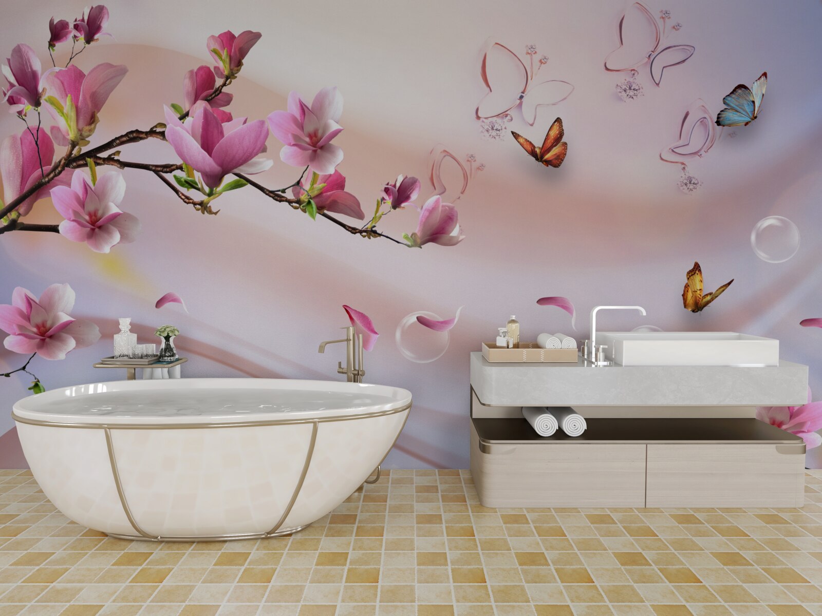 Fotobehang tak met roze bloemen en fladderende vlinders