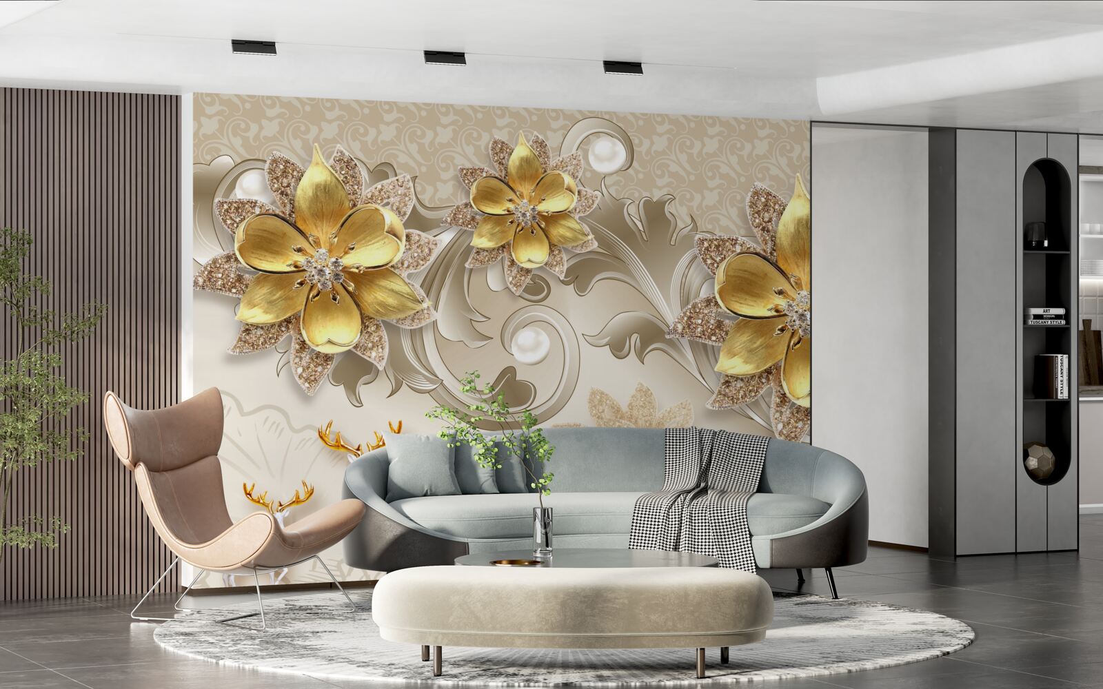 Fotobehang kleine sneeuwwitte hertjes en steengele bloemen