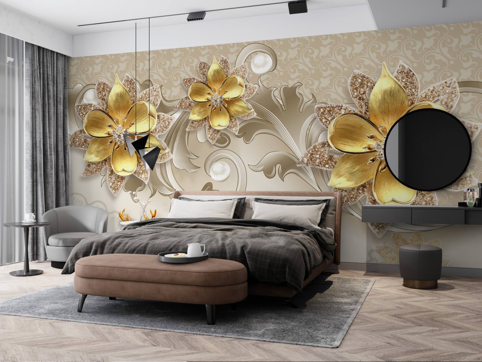 Fotobehang kleine sneeuwwitte hertjes en steengele bloemen