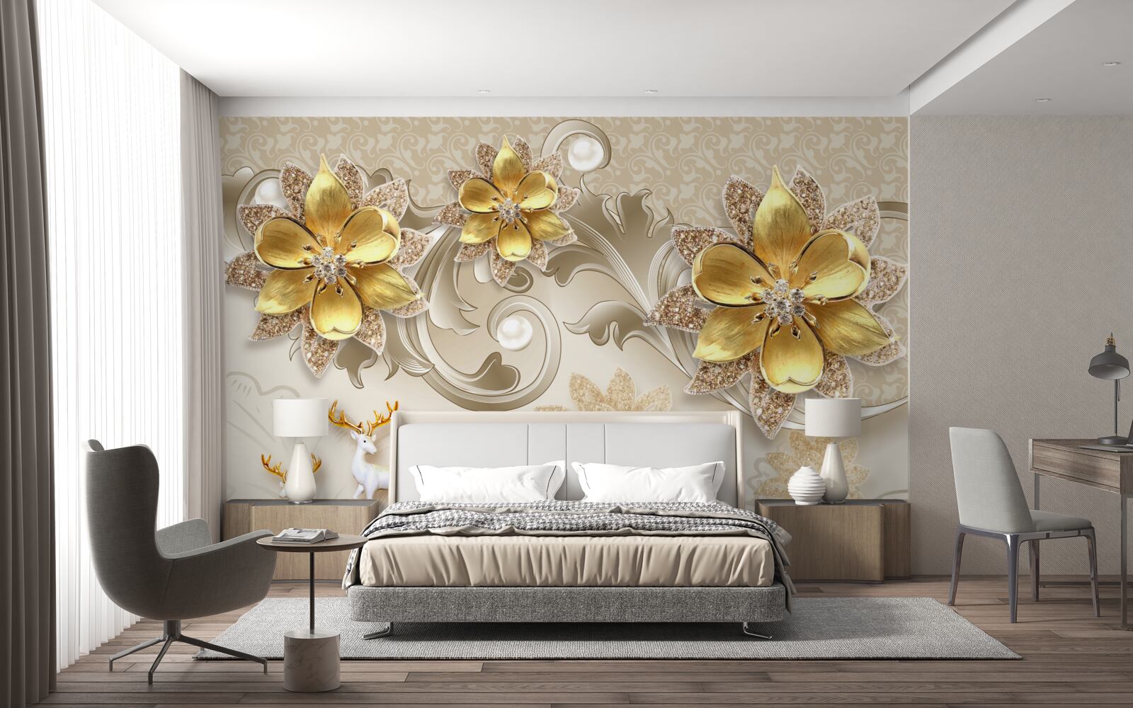 Fotobehang kleine sneeuwwitte hertjes en steengele bloemen