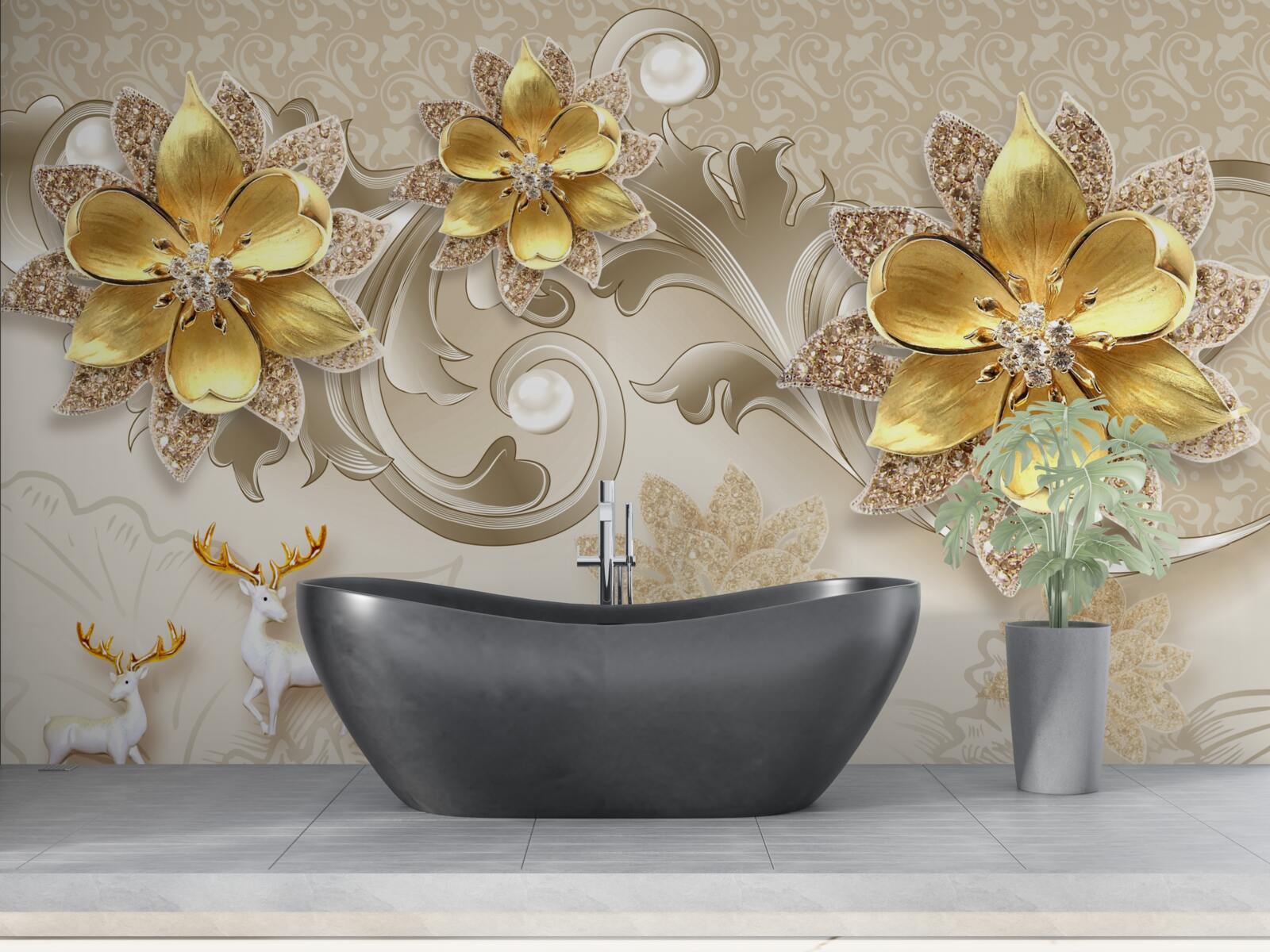 Fotobehang kleine sneeuwwitte hertjes en steengele bloemen