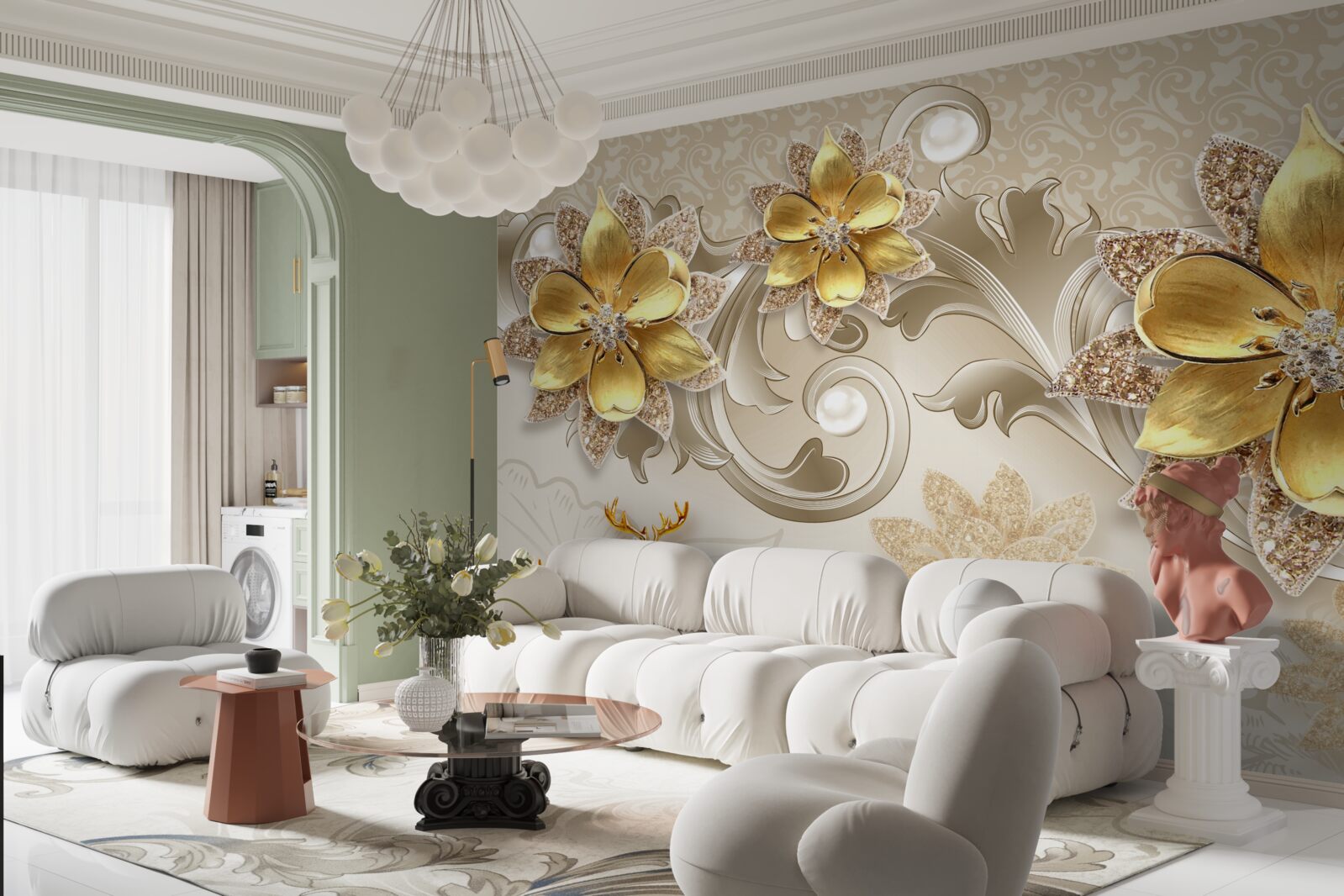 Fotobehang kleine sneeuwwitte hertjes en steengele bloemen