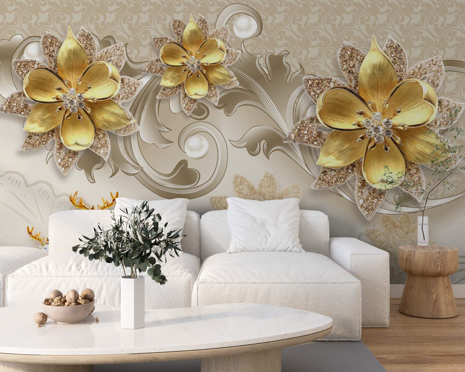 Fotobehang kleine sneeuwwitte hertjes en steengele bloemen